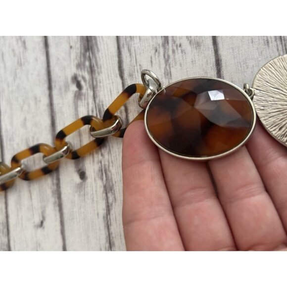 Ann Taylor Tortoise Shell Chunky Silver Collar Statement Toggle Necklace 11" - Picture 5 of 7